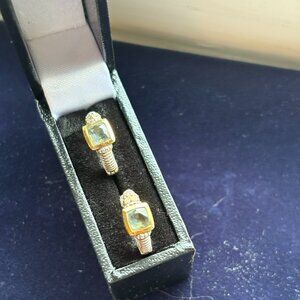 Judith Ripka 18k and silver huggie earrings with blue topaz